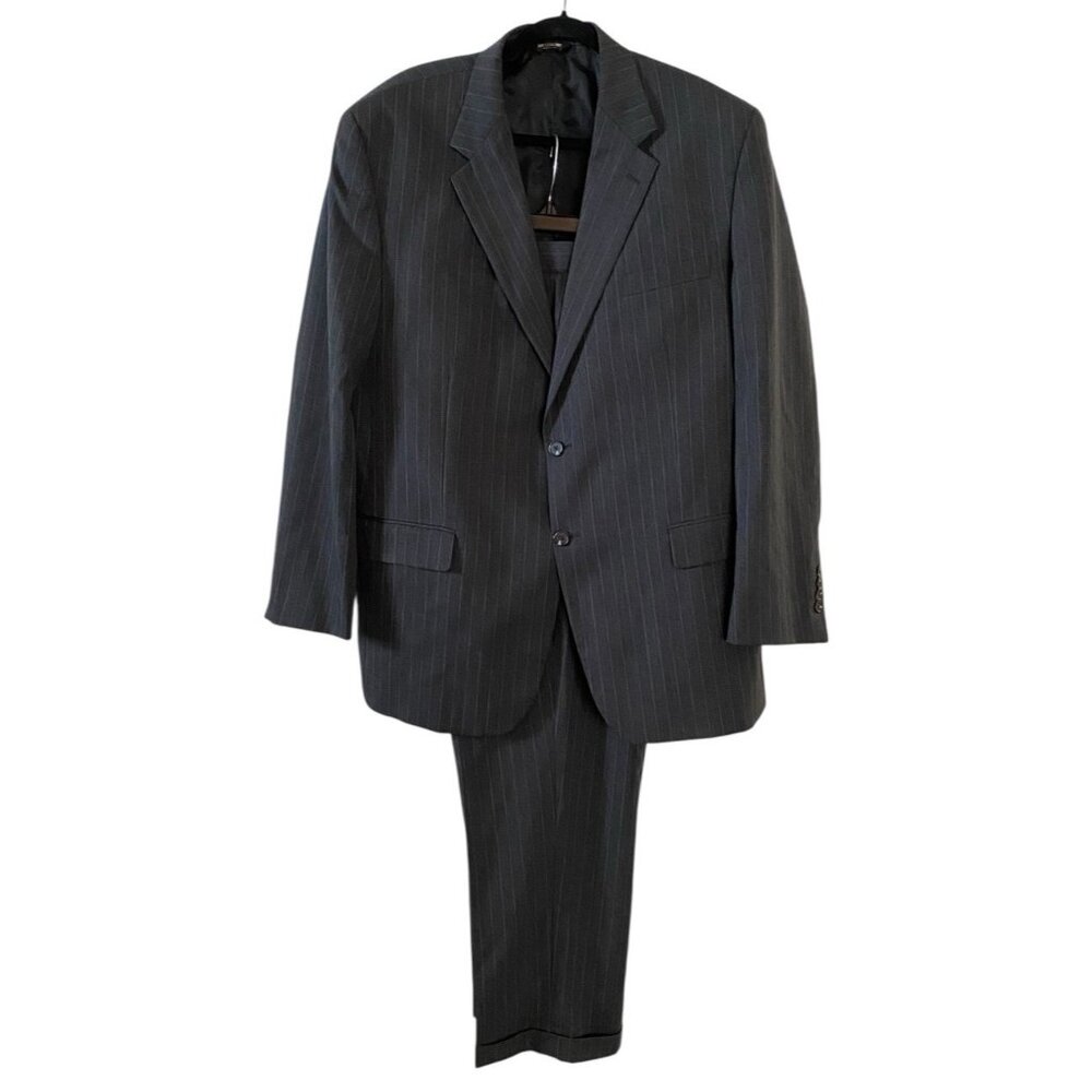 Chaps Mens 2 Piece Gray Pinstriped Suit Sz 46L  Jacket 40 x 32 Pleated & Cuffed